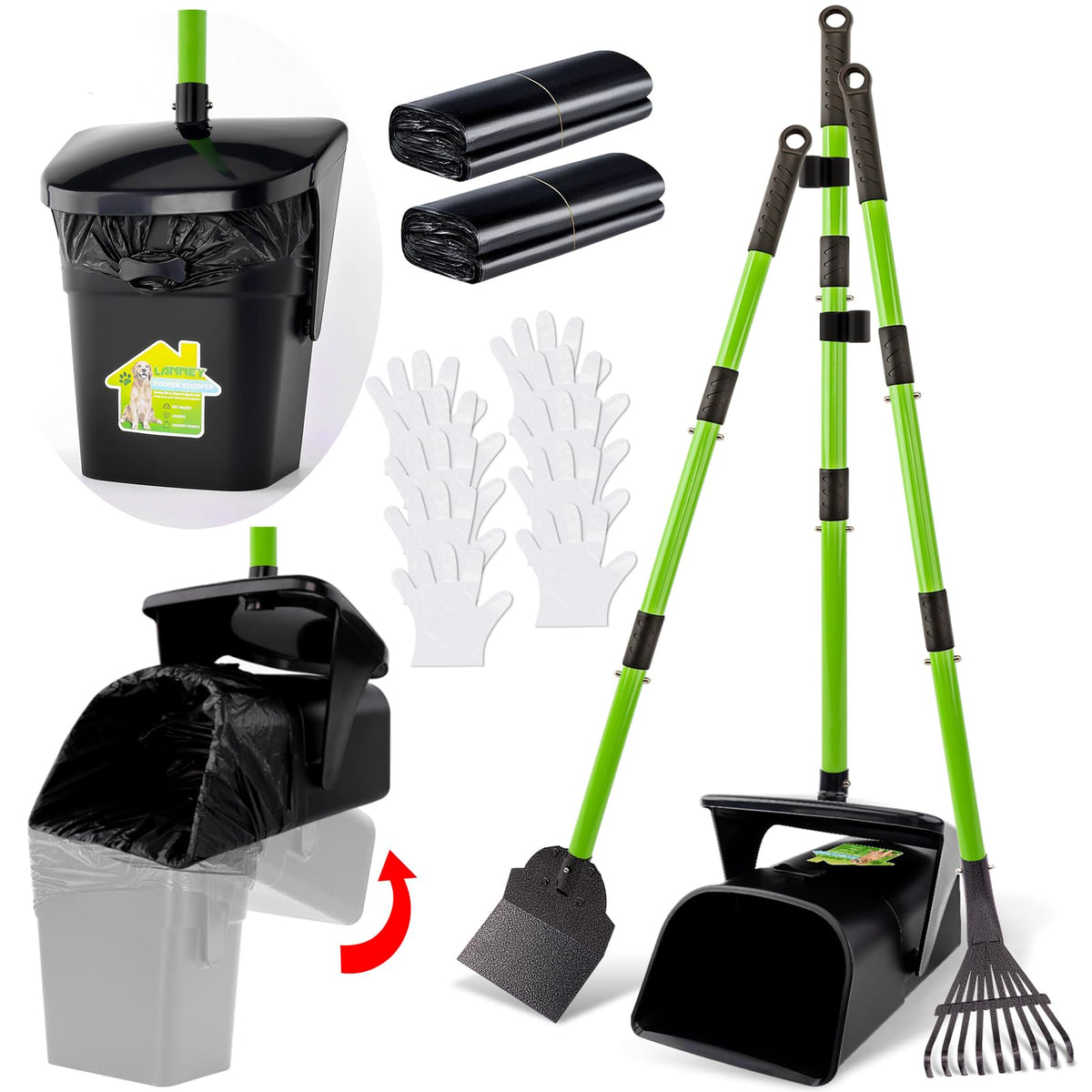 LANNEY Pooper Scooper with 38-inch extendable handle for comfortable cleanup from a distance.