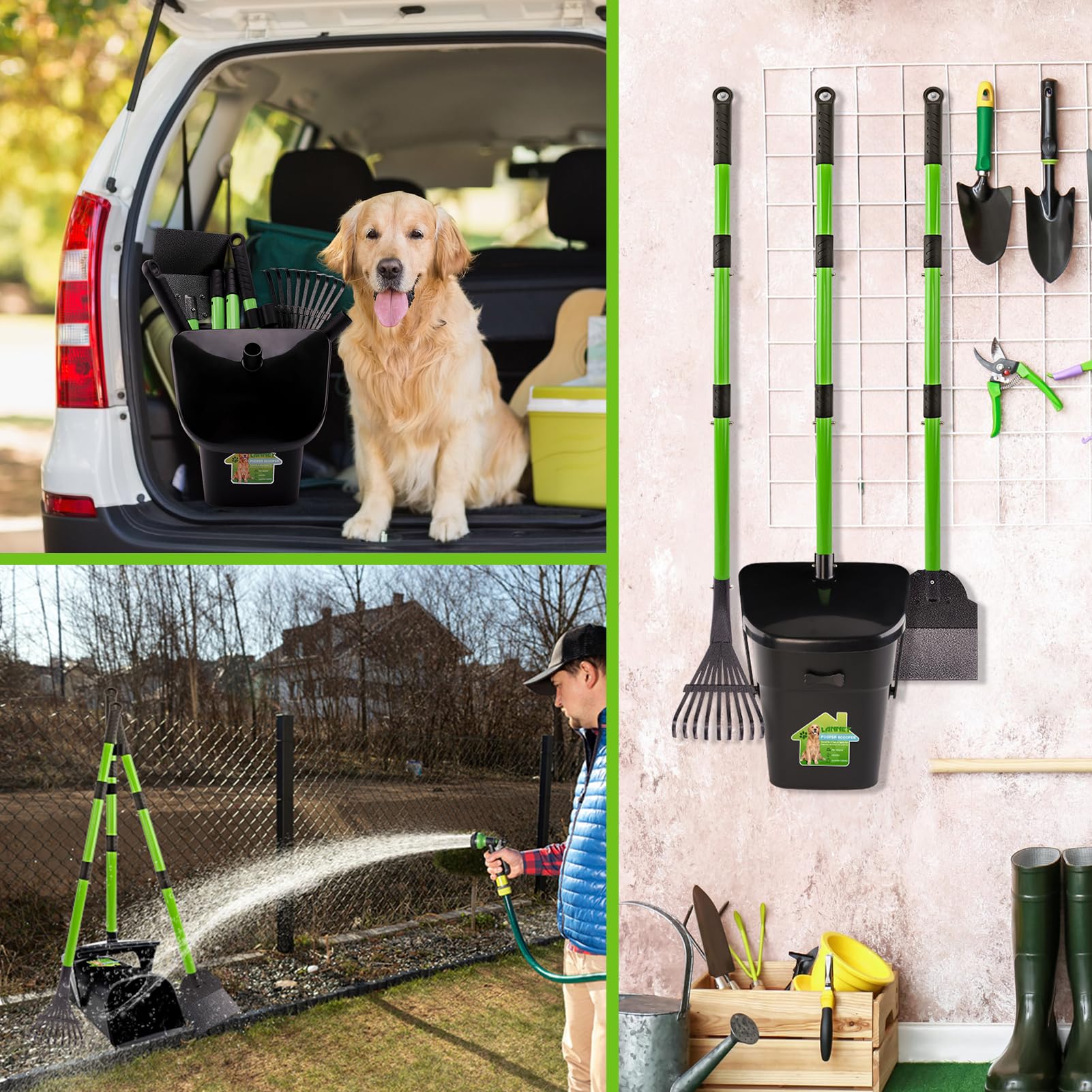 LANNEY Pooper Scooper metal rake and spade for versatile yard debris cleanup.