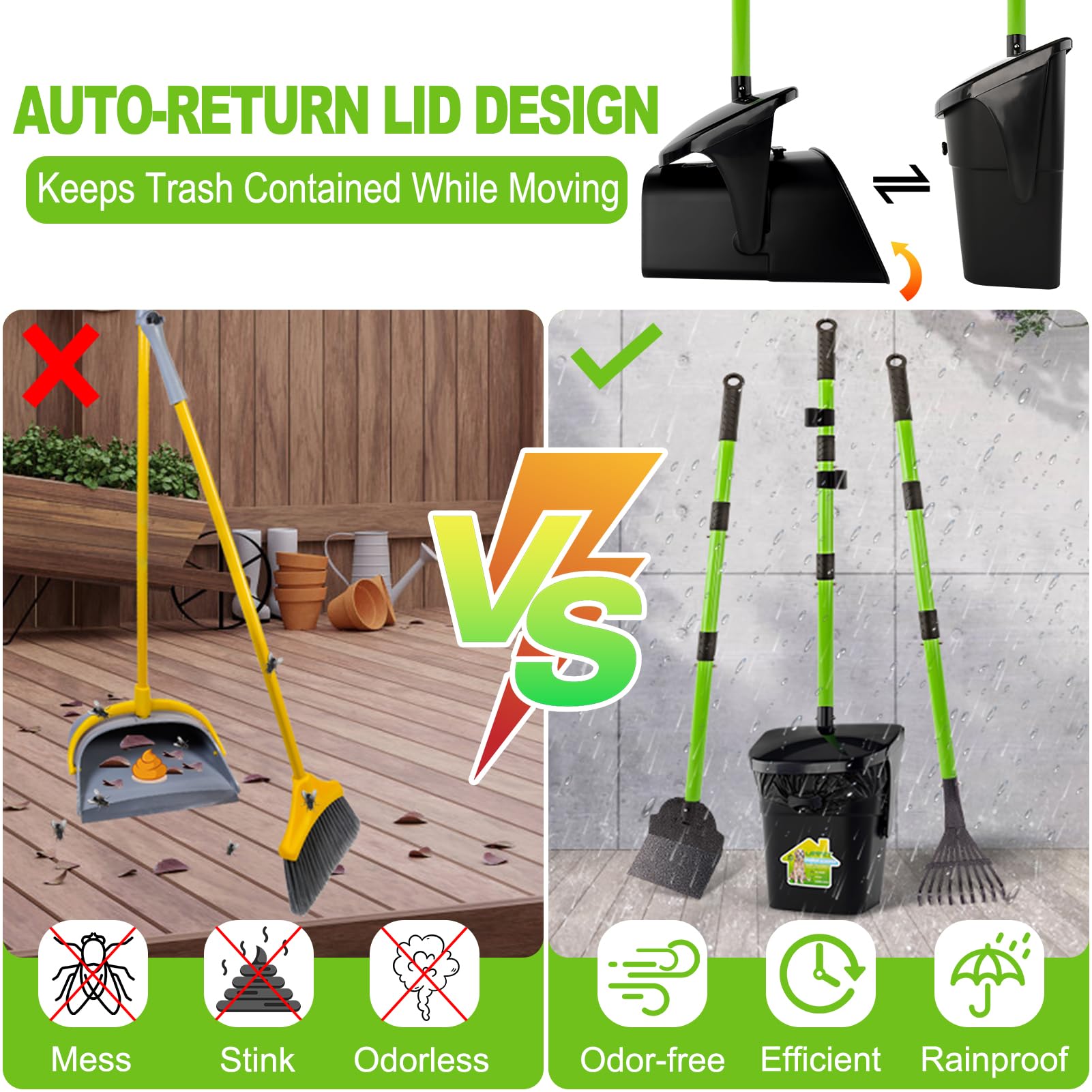 LANNEY Pooper Scooper's swivel bin with odor-proof lid to contain yard smells.