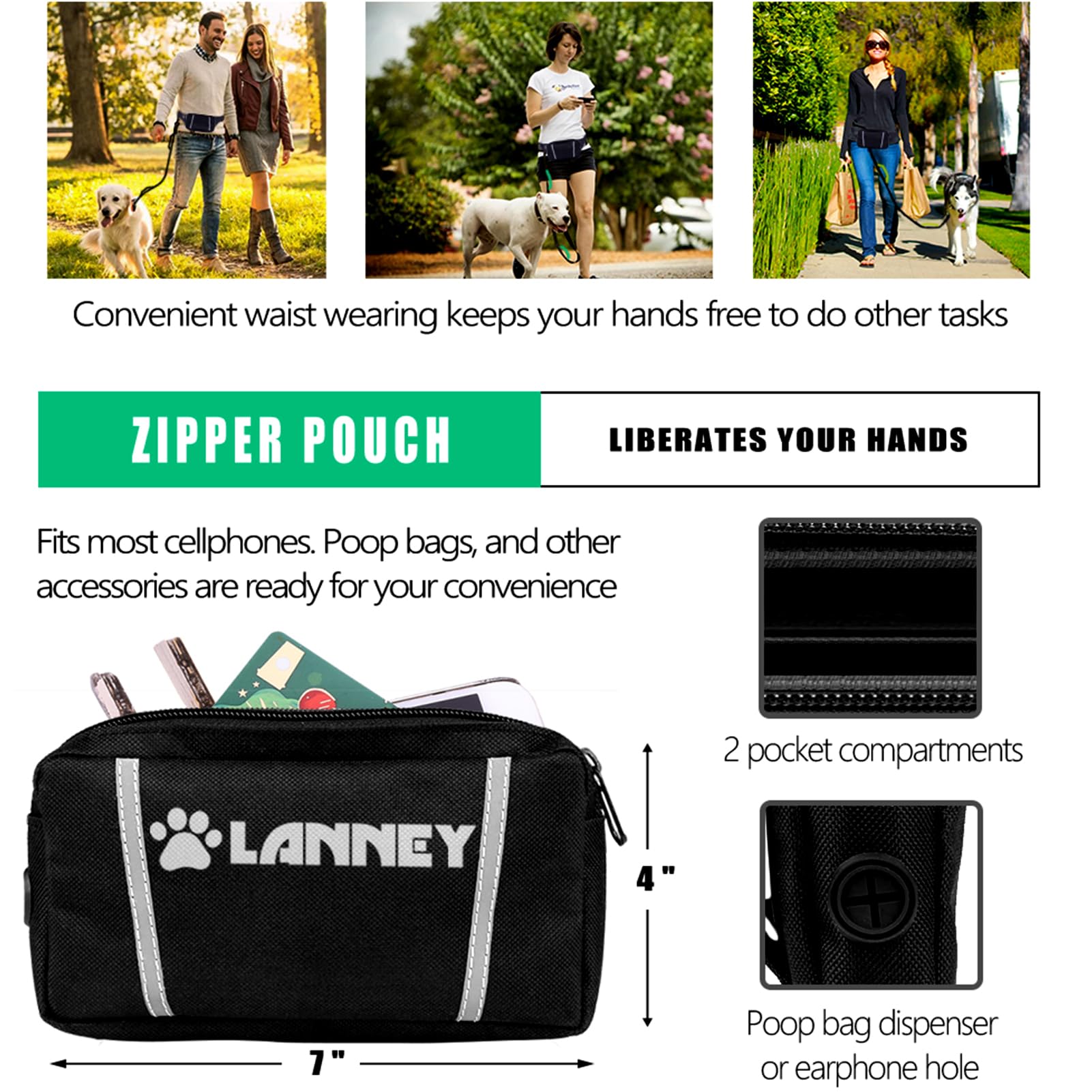 LANNEY reflective stitching increases visibility for safer walks at night.