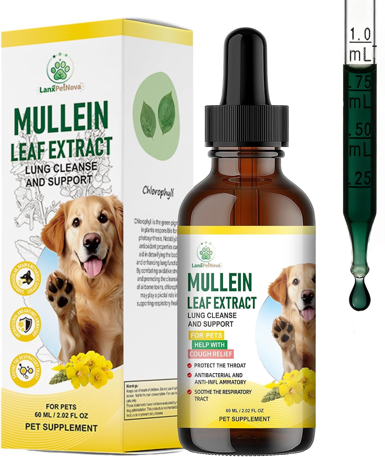 LanxPetNova Mullein Lung Support Drops bottle for pets, offering gentle respiratory support.