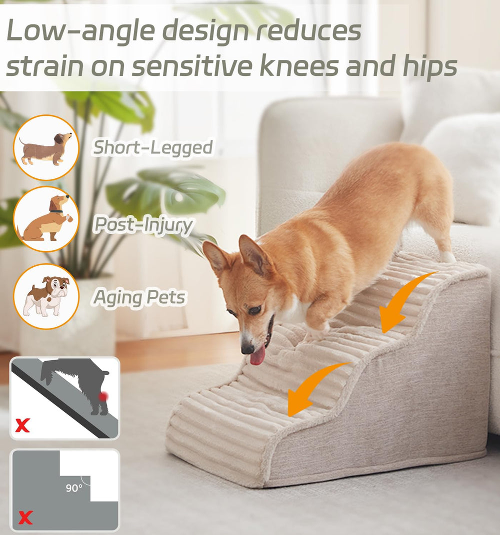 Laojin Balhen beige fabric dog stairs shown on a sofa for comfort access.