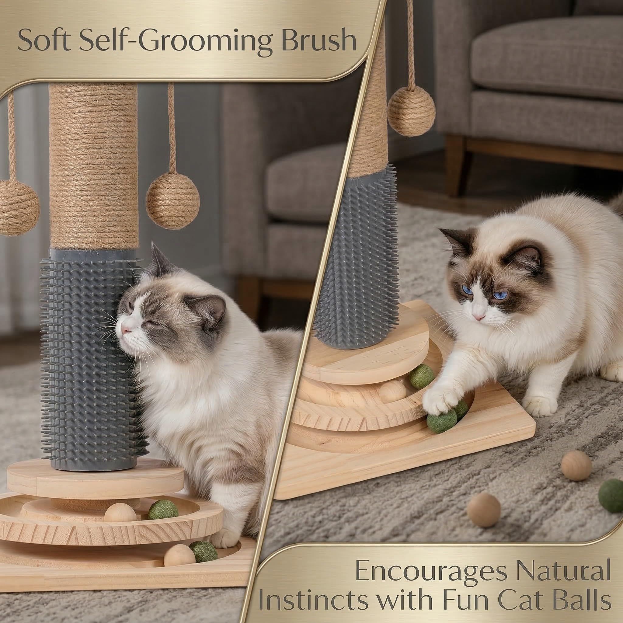 Larphie hanging sisal balls promote playful batting and hunting.