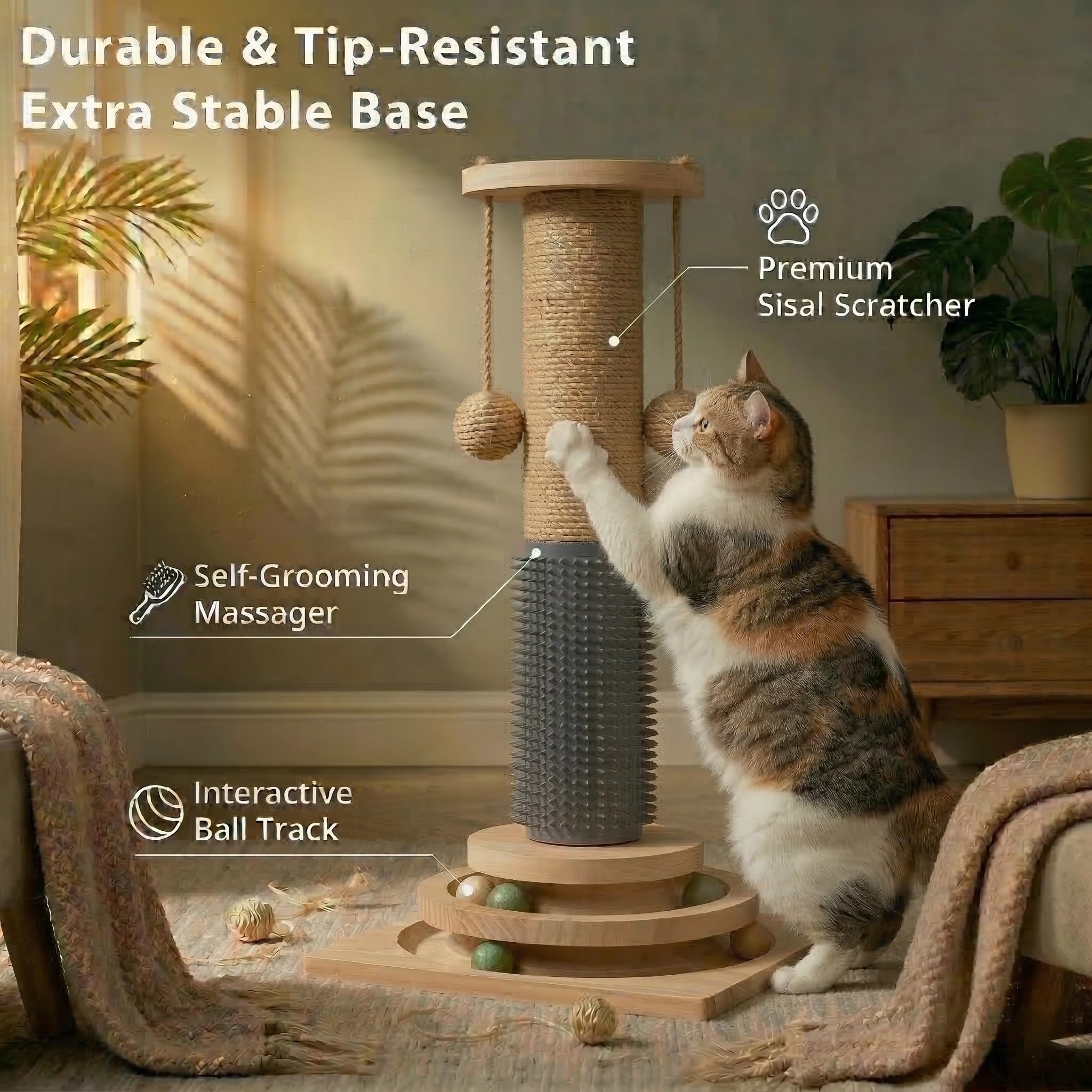 Larphie solid wood cat tree with track ball toy for interactive play.
