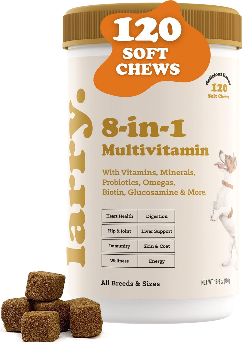 Larry 8-in-1 dog multivitamin bottle supports heart and coat health.
