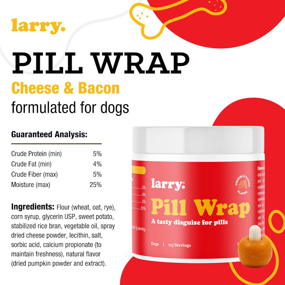 Larry dog happily accepts wrapped medication during daily routine