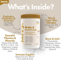 Larry label shows 30 vitamins and minerals for canine wellness.