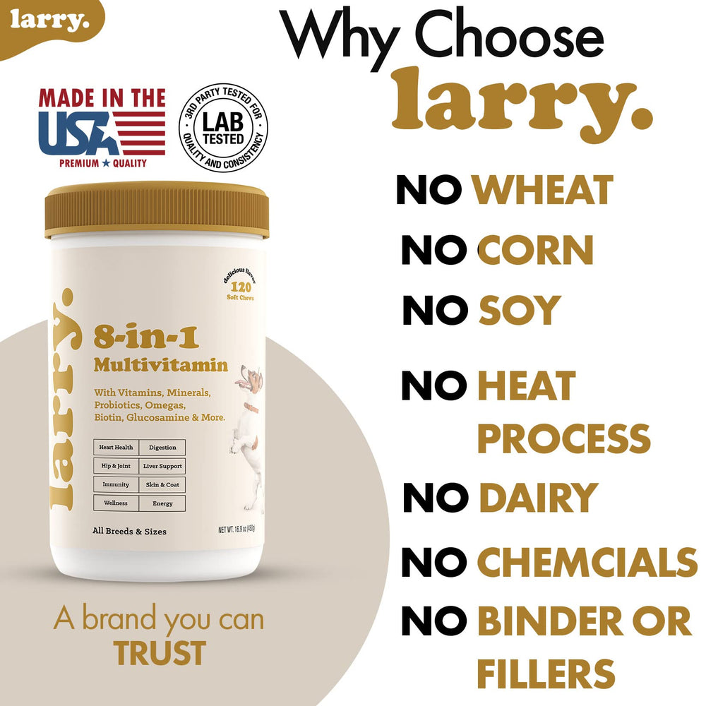 USA-made Larry supplement label emphasizing third-party testing and safety.