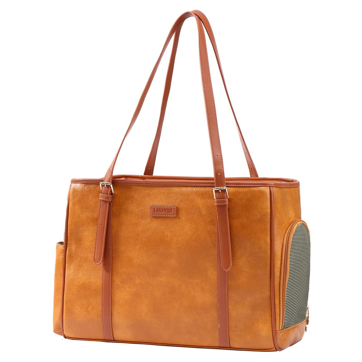 Lasaviin fashion dog purse in brown, front view, ideal travel companion for small dogs.