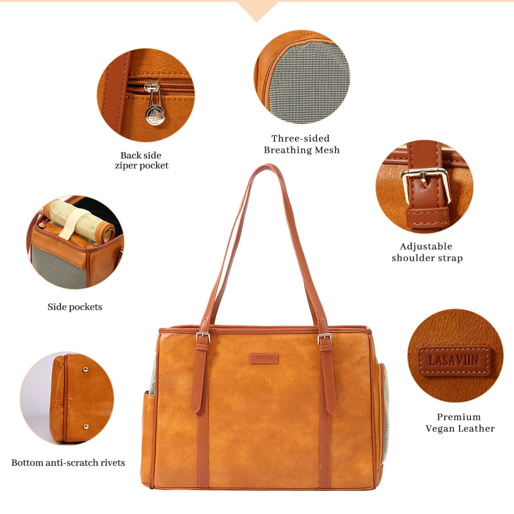 Lasaviin brown carrier shows side pockets for snacks, keys, and phone.