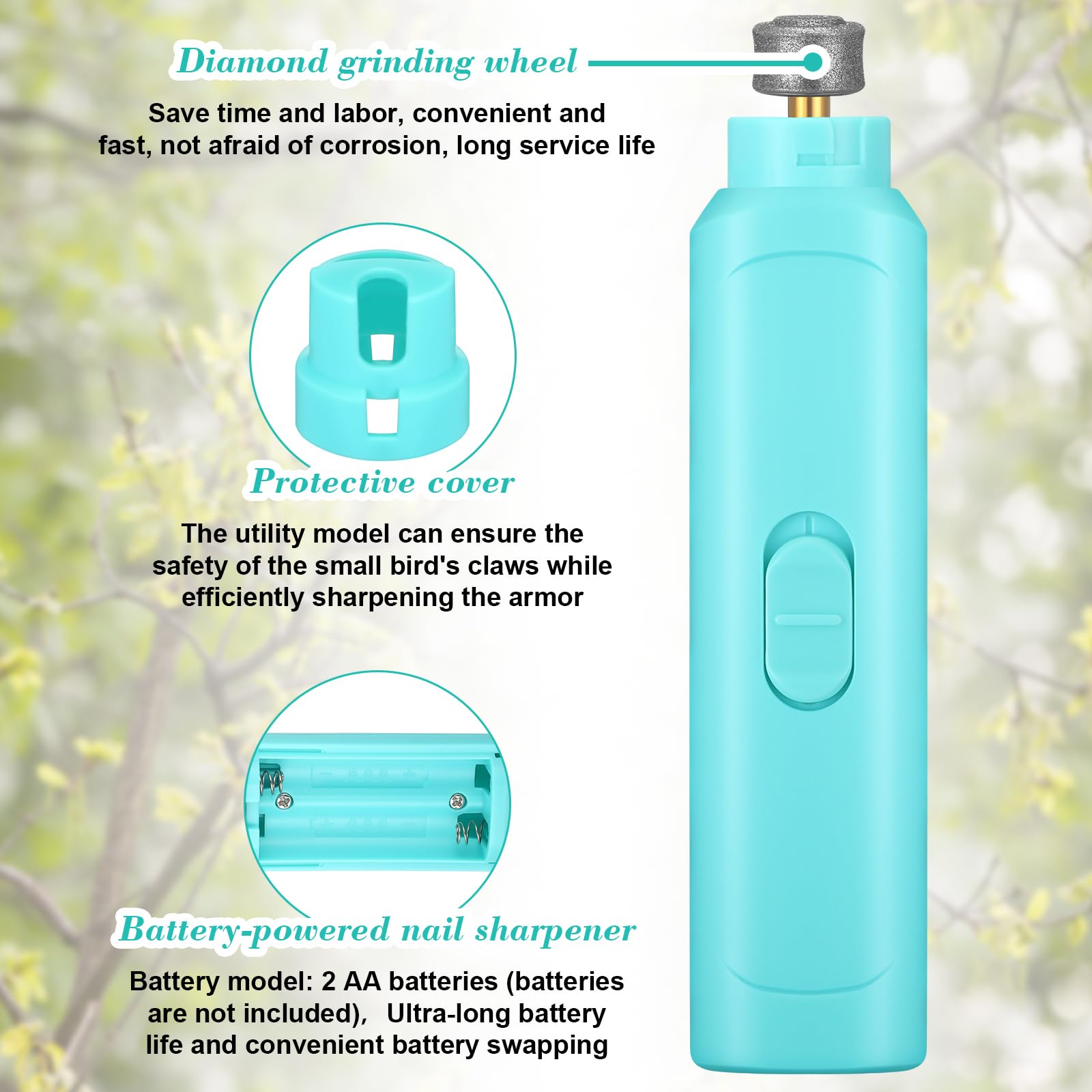 Lasnten low-noise grooming motor minimizes stress during bird grooming.