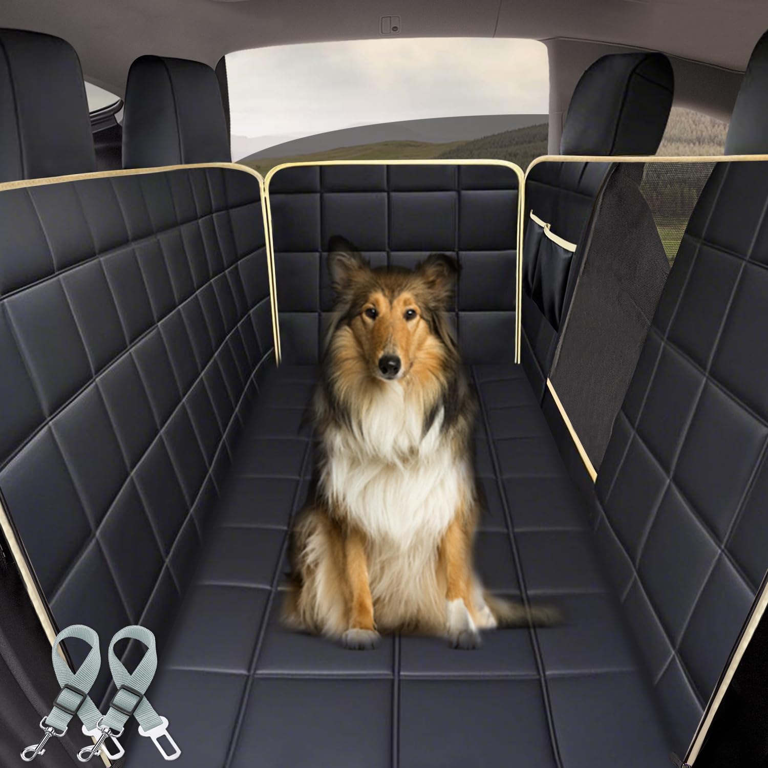 Lassie dog hammock seat cover for Tesla Model Y backseat protects upholstery from spills and fur.