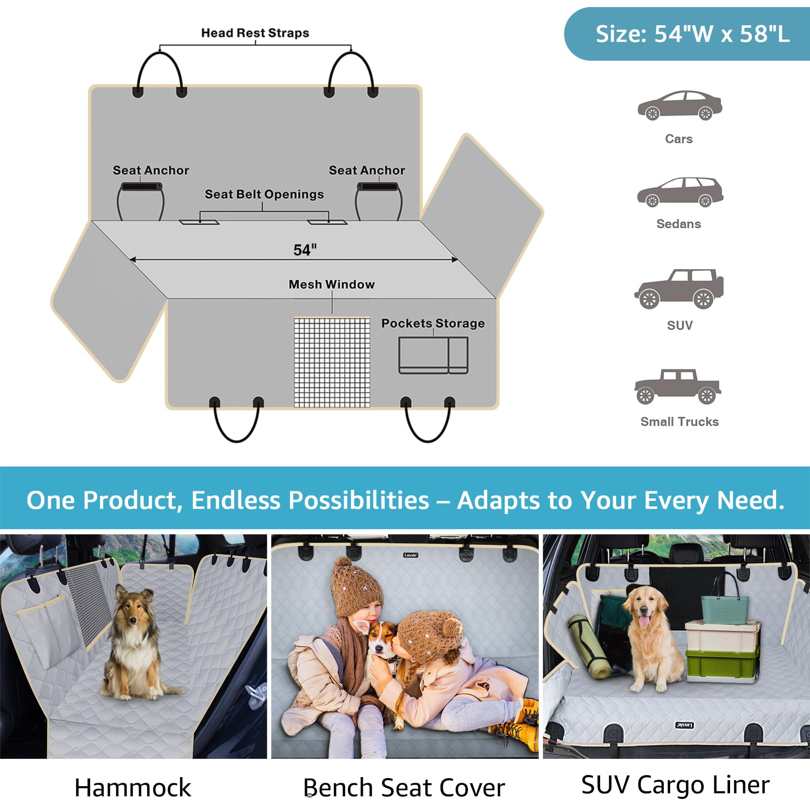 Lassie two seat belts securely restrain dogs for safe travel
