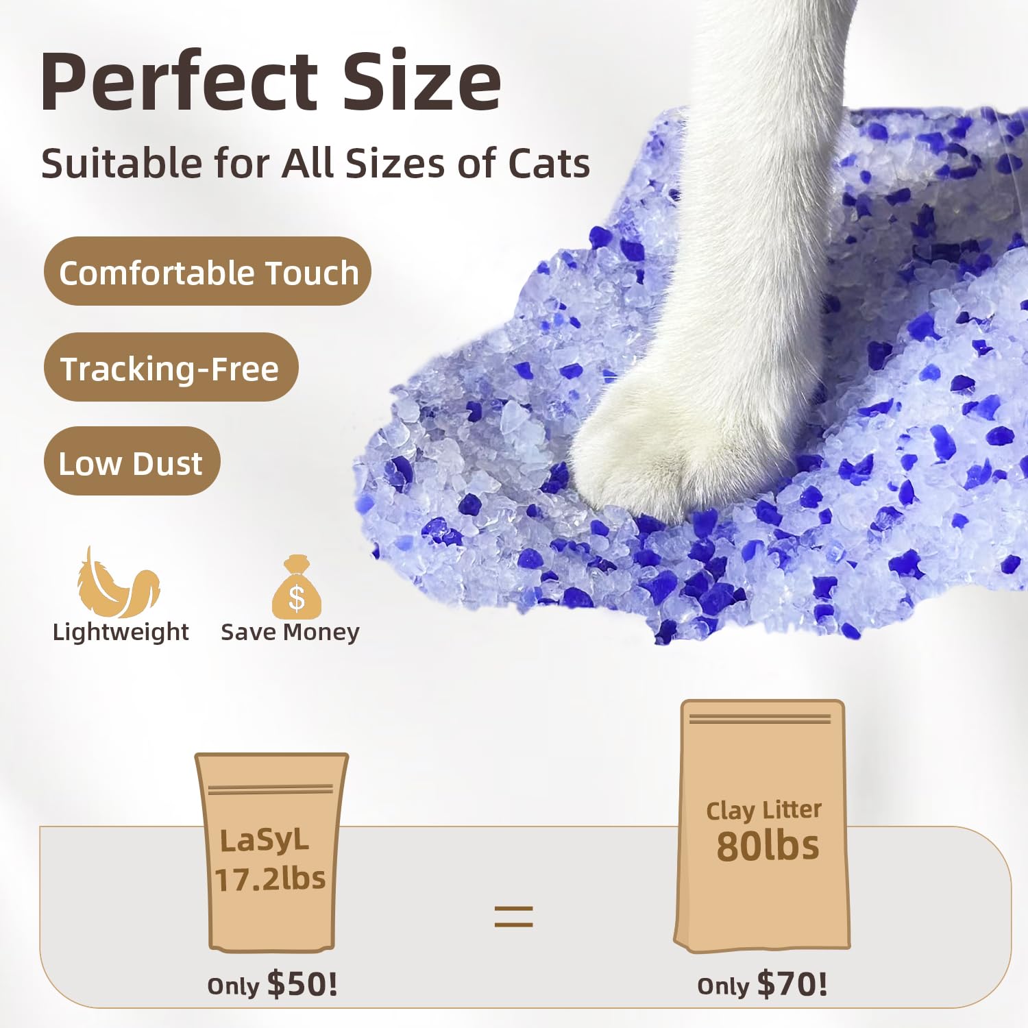 LaSyL Crystal Cat Litter crystals sized 3-5 mm reduce tracking.