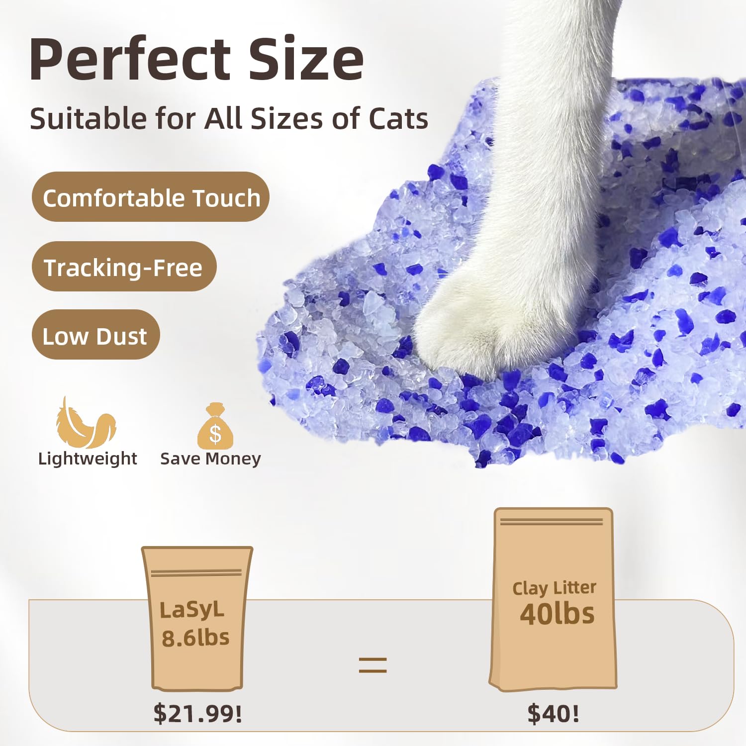 LaSyL Crystal Cat Litter low-tracking crystals keep floors cleaner.