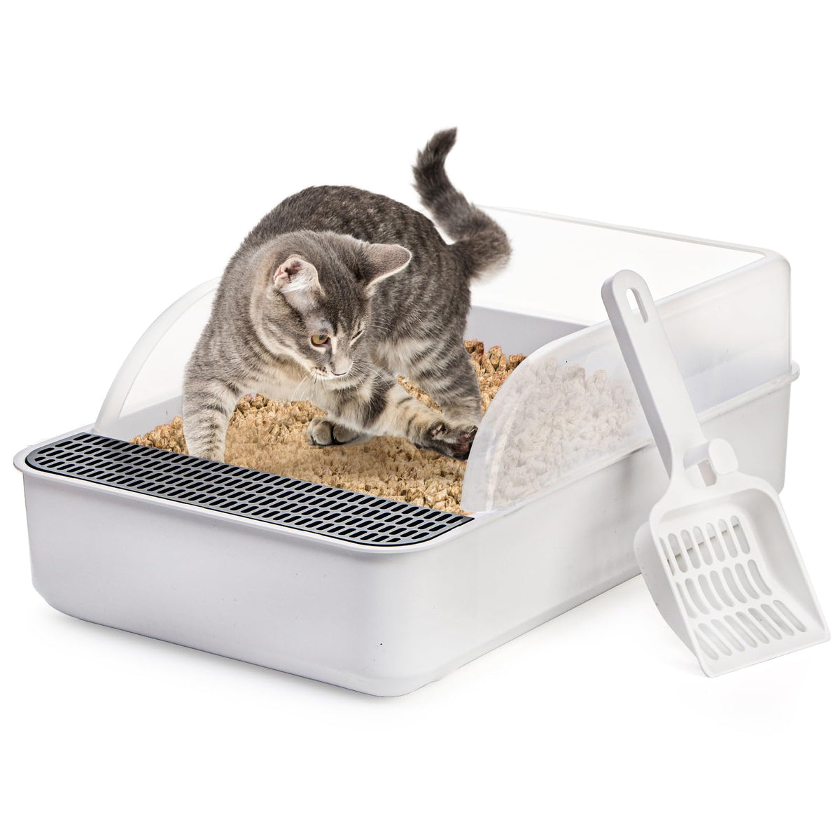 Lawei Open Top Cat Litter Box with High Back promotes airflow and minimizes spills.