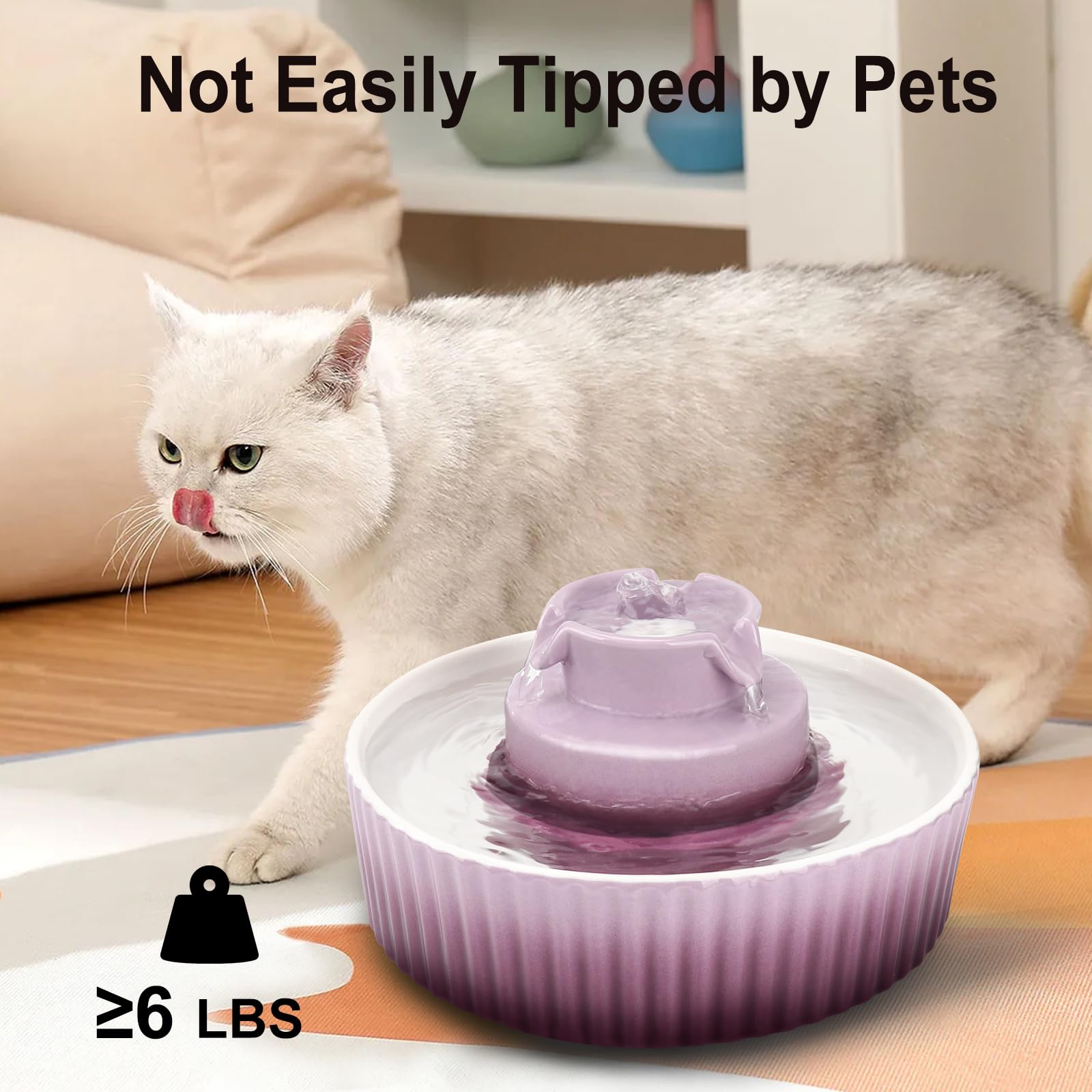 Lawfery Cupcake Cat Fountain in use demonstrates spill-free, steady water for cats and small dogs
