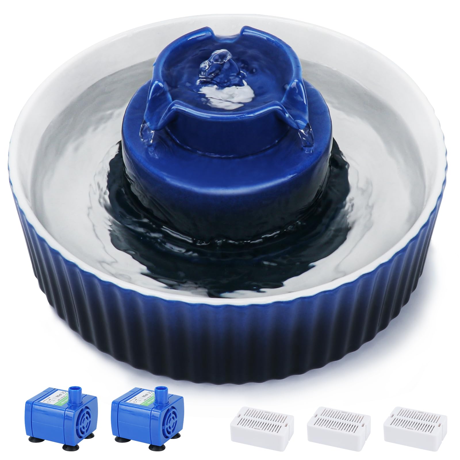 Lawfery cupcake ceramic cat fountain front view shows 2.1L capacity and dark blue finish