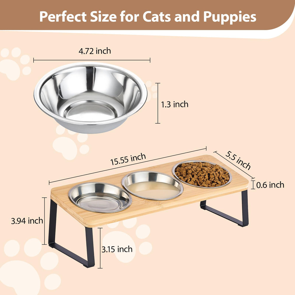 Modern wood base complements décor while keeping bowls stable.