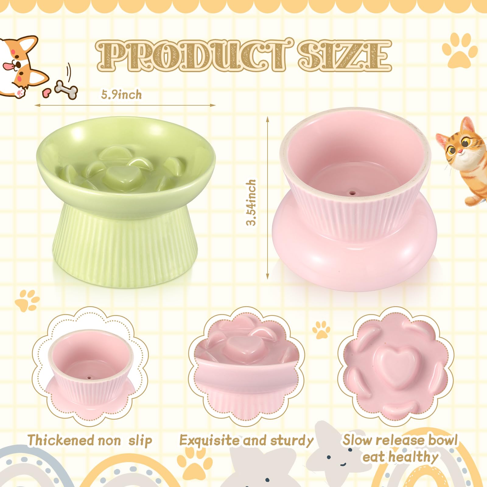 Layhit raised cat bowls green and pink side view supporting neck-friendly meals.