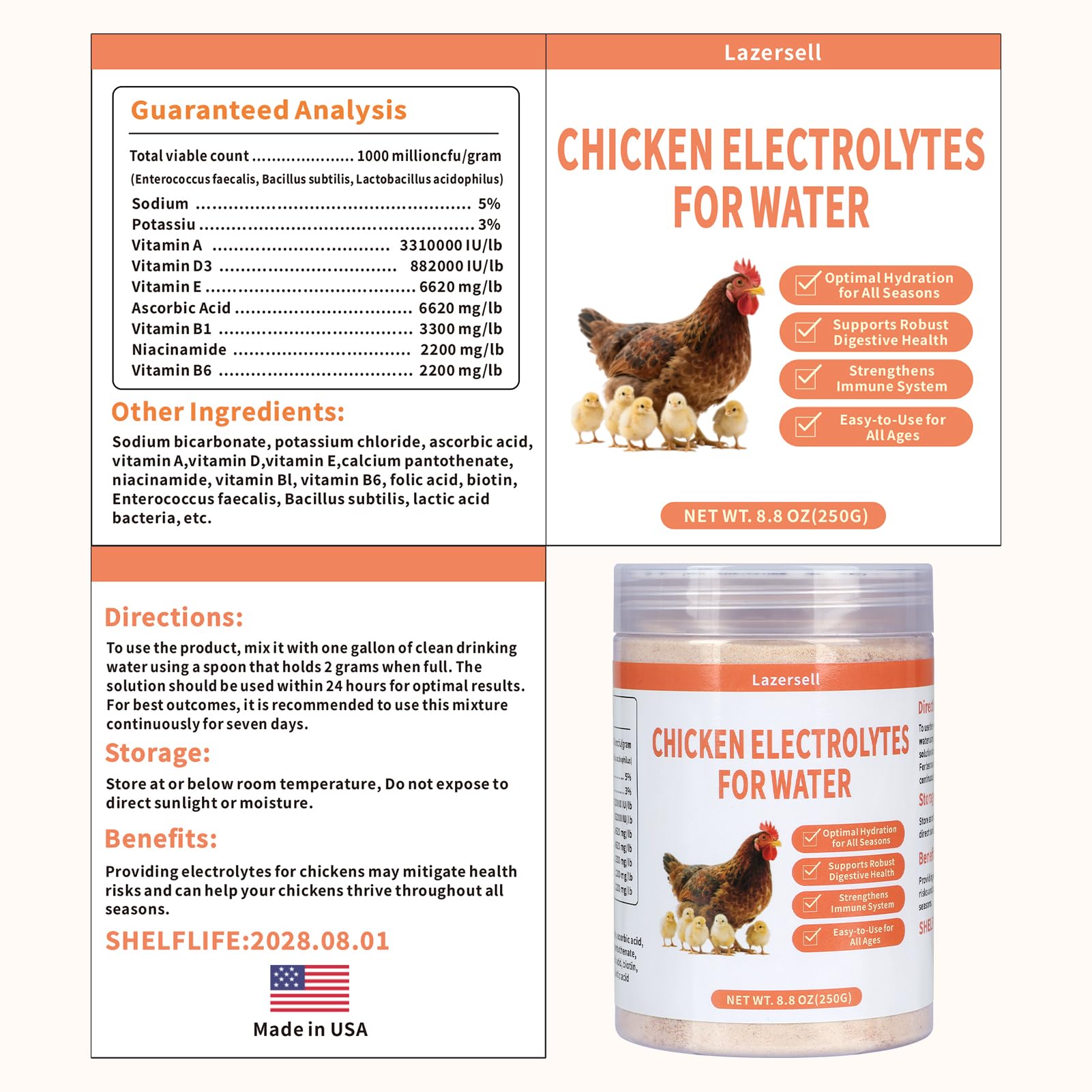 Lazersell Chicken Electrolyte is hormone-free and safe for daily use.