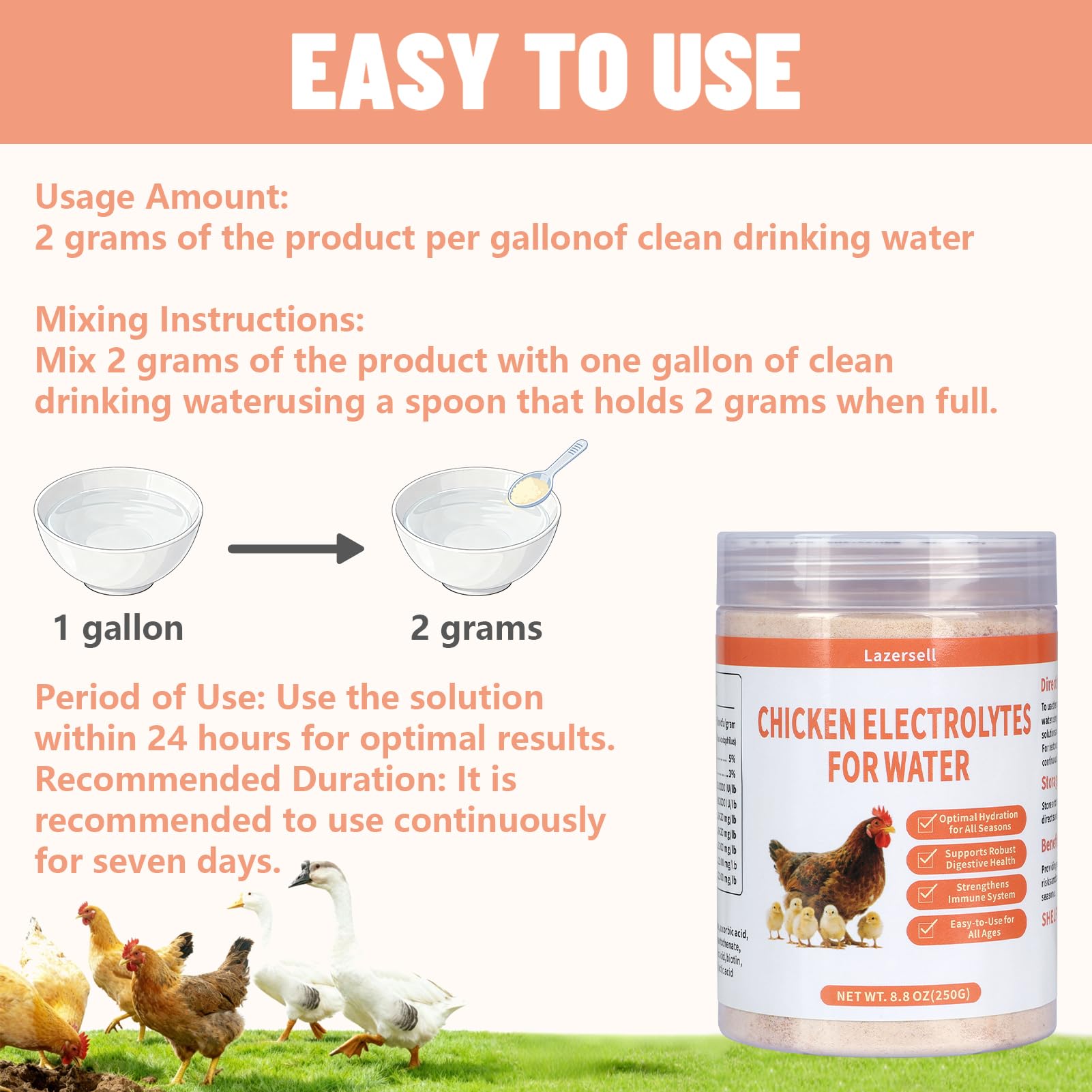 Lazersell Electrolyte powder supports chickens, ducks, turkeys, geese, and more.