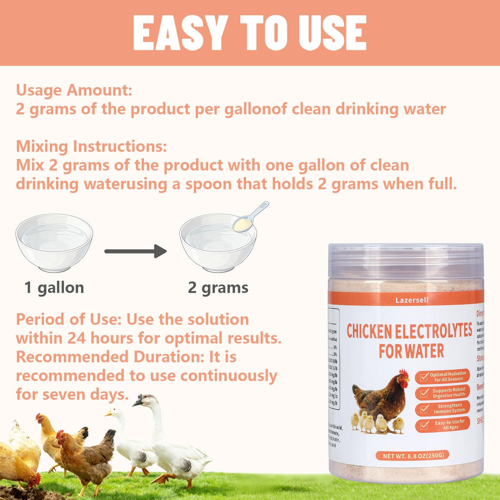 Lazersell Electrolyte powder supports chickens, ducks, turkeys, geese, and more.