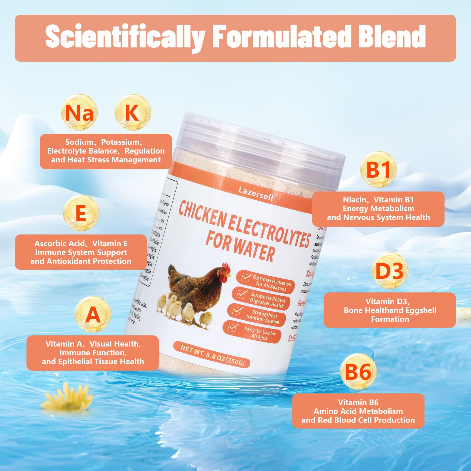 Lazersell Poultry Electrolyte powder with prebiotics supports digestive balance and nutrient absorption.
