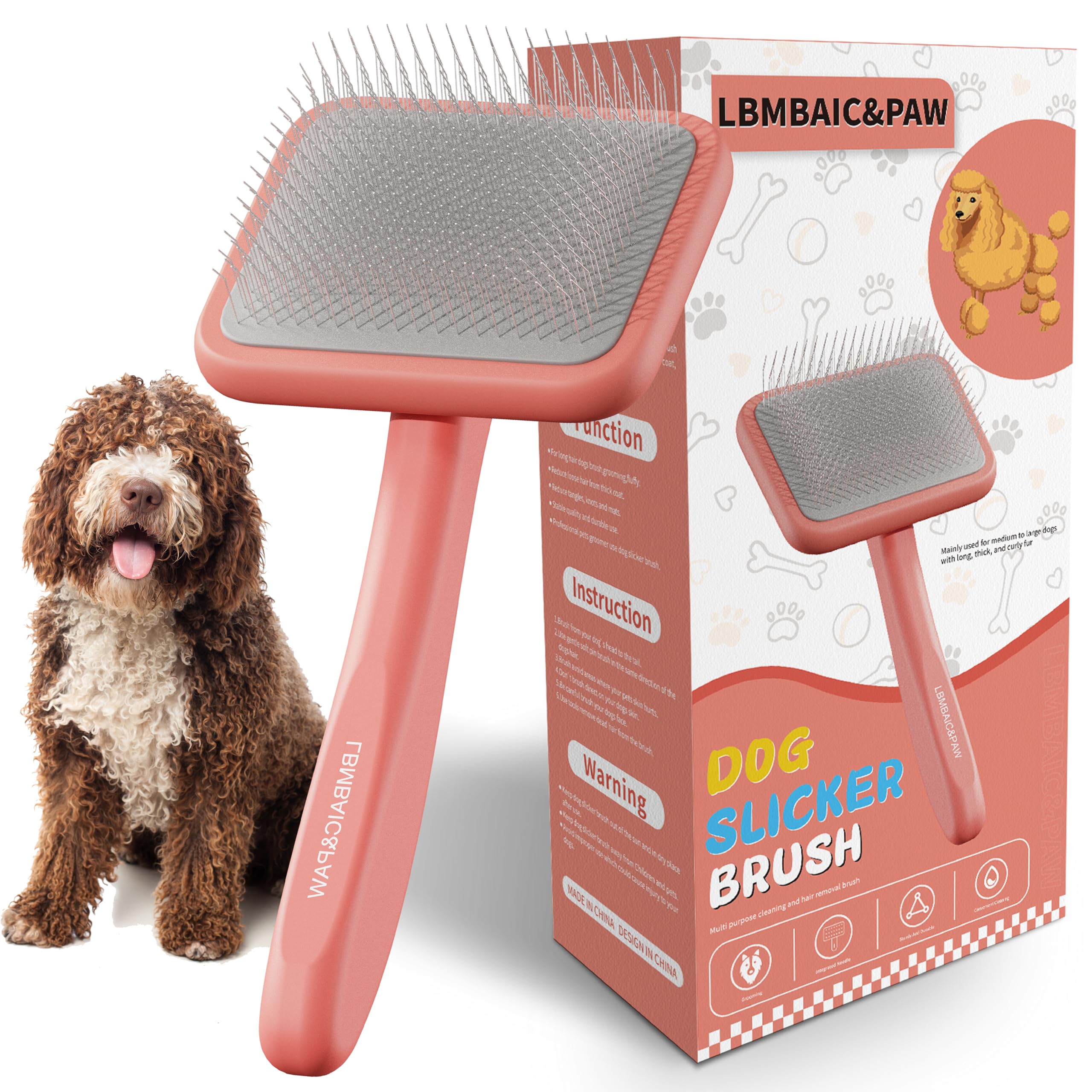 LBMBAIC&PAW dog slicker brush with wooden handle helps detangle large doodle coats.