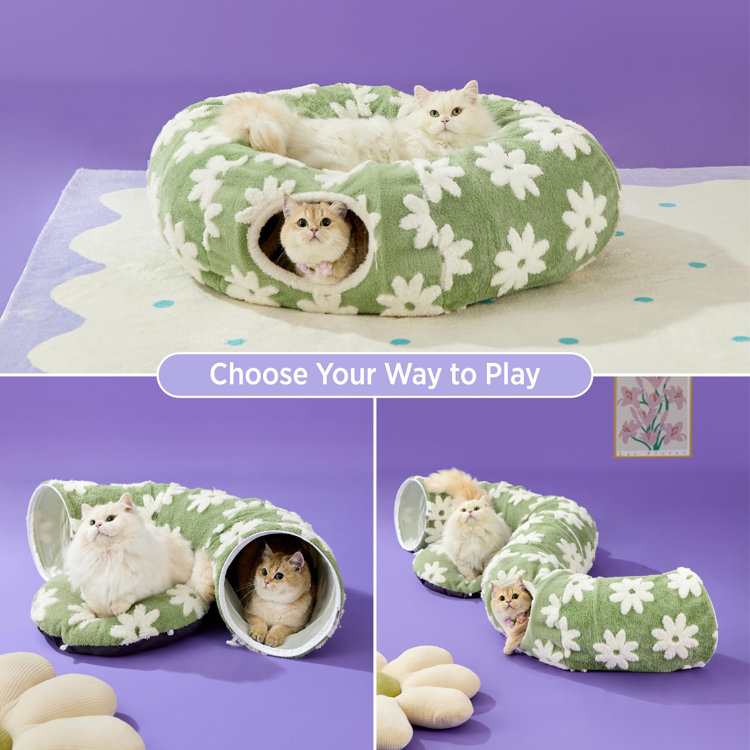LE SURE Lesure Cat Tunnel Bed circle cushion provides a soft, washable nap spot.