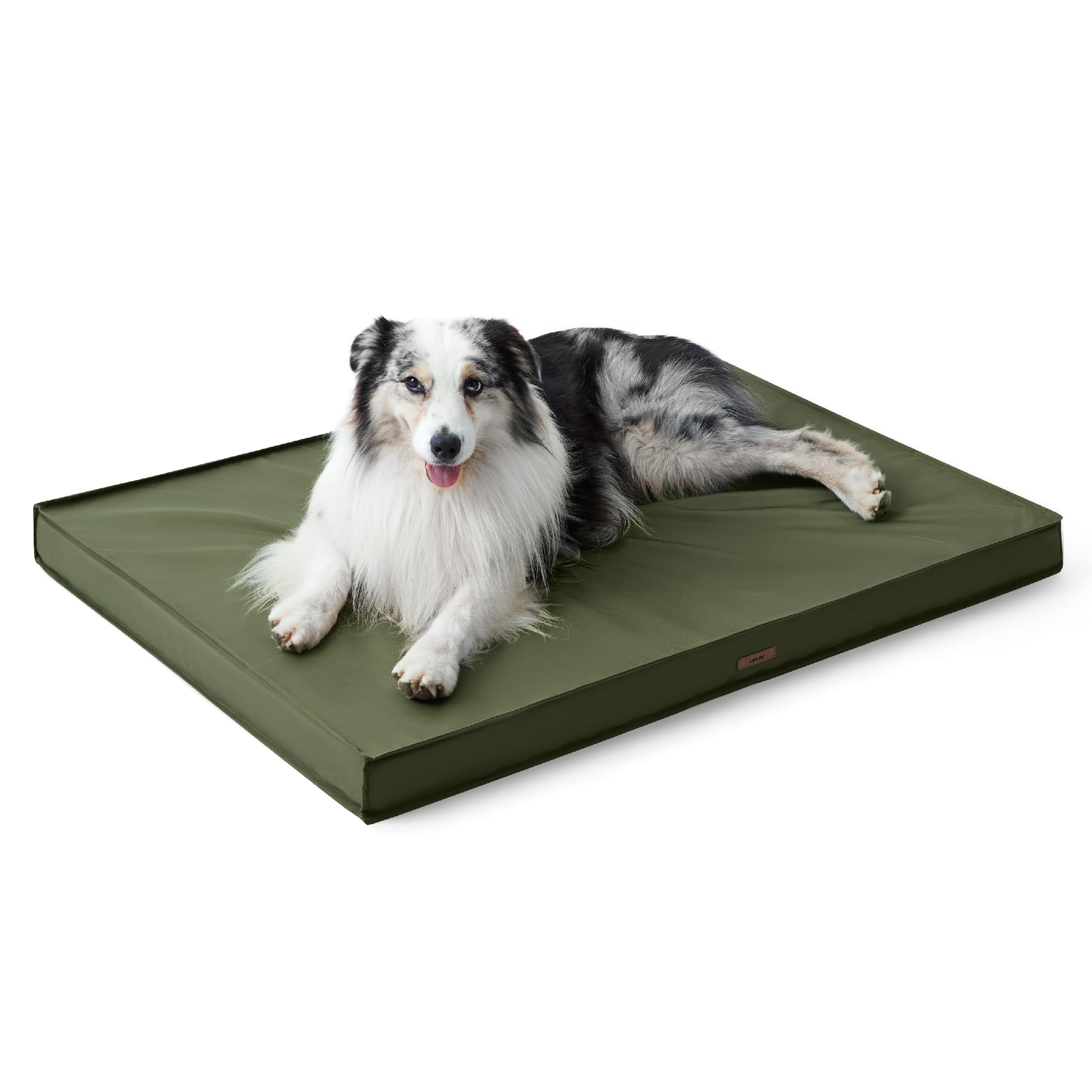 LE SURE outdoor dog bed in rugged setting demonstrates durability and versatility