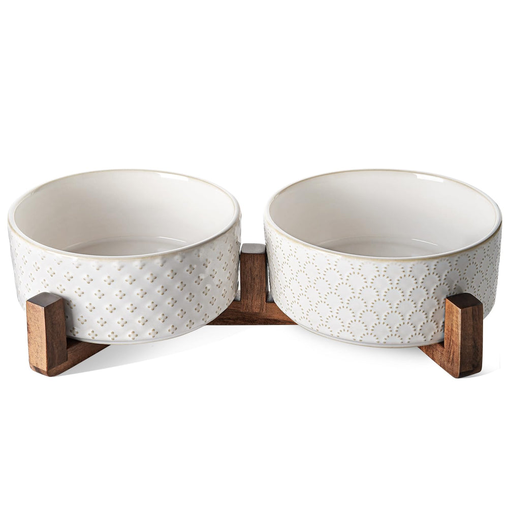LE TAUCI ceramic dog bowls on acacia wood stand for stylish stability during meals