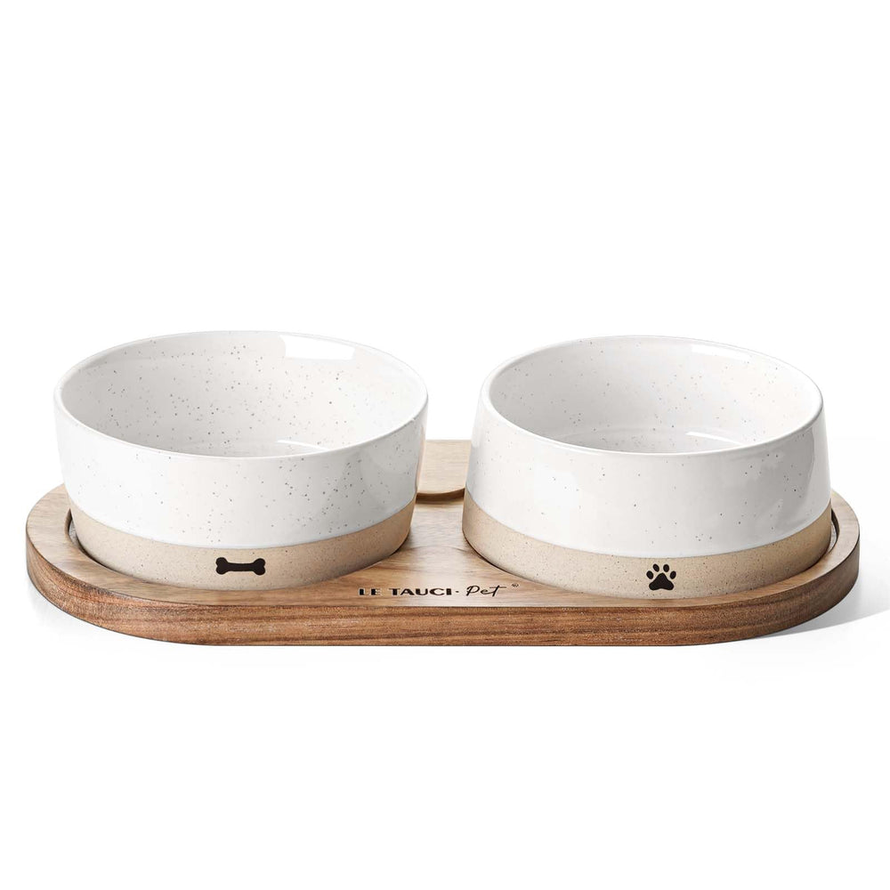 LE TAUCI PET ceramic bowls with acacia wood tray provide stable dining.