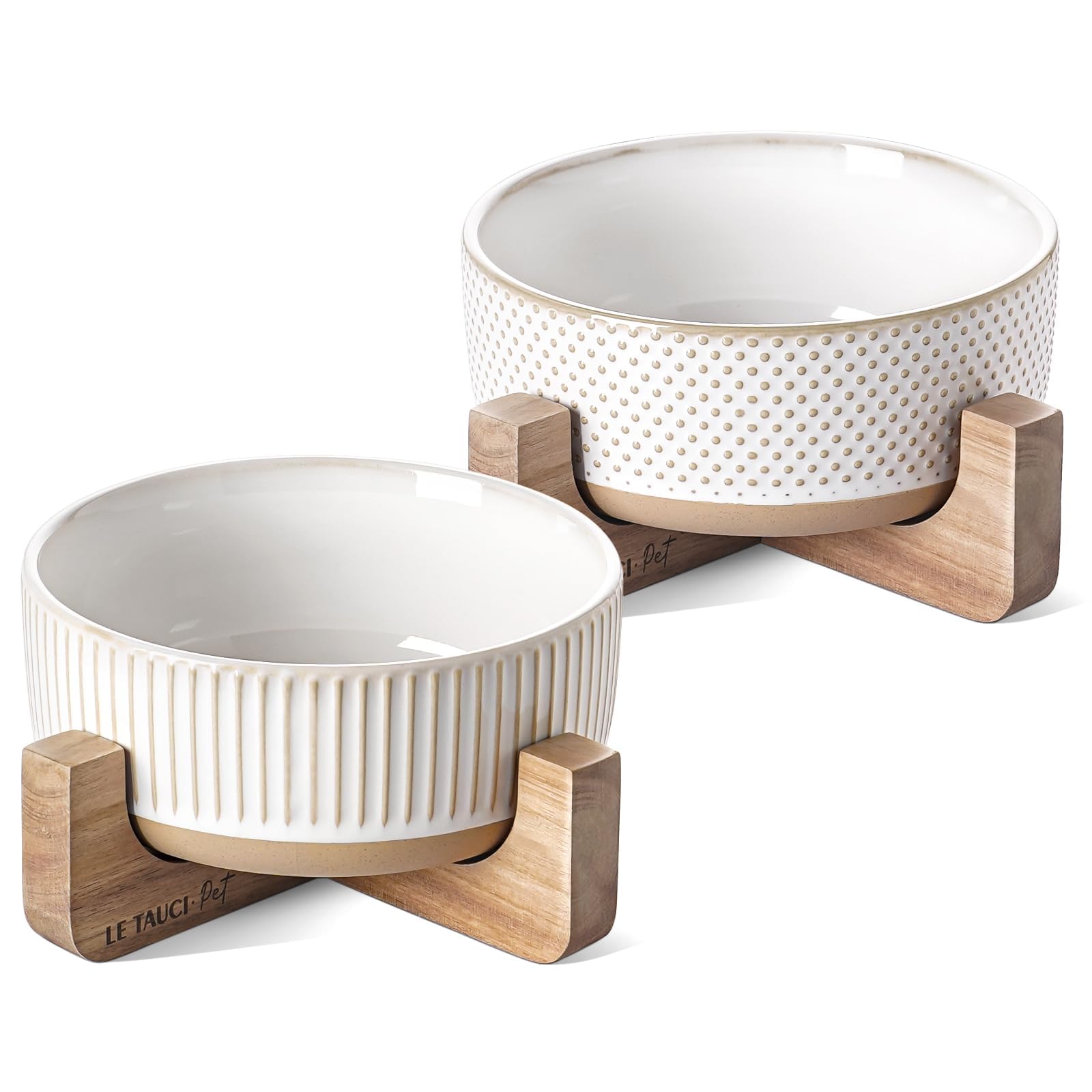 LE TAUCI PET ceramic bowls with wood stand — convenient 2-pack feeding setup.