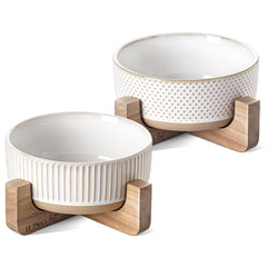 LE TAUCI PET ceramic bowls with wood stand — convenient 2-pack feeding setup.