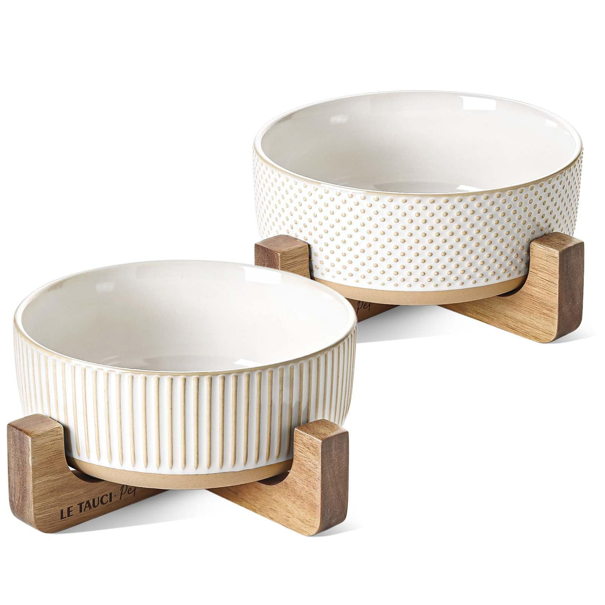 LE TAUCI PET ceramic dog bowl with wood stand, stable feeding.