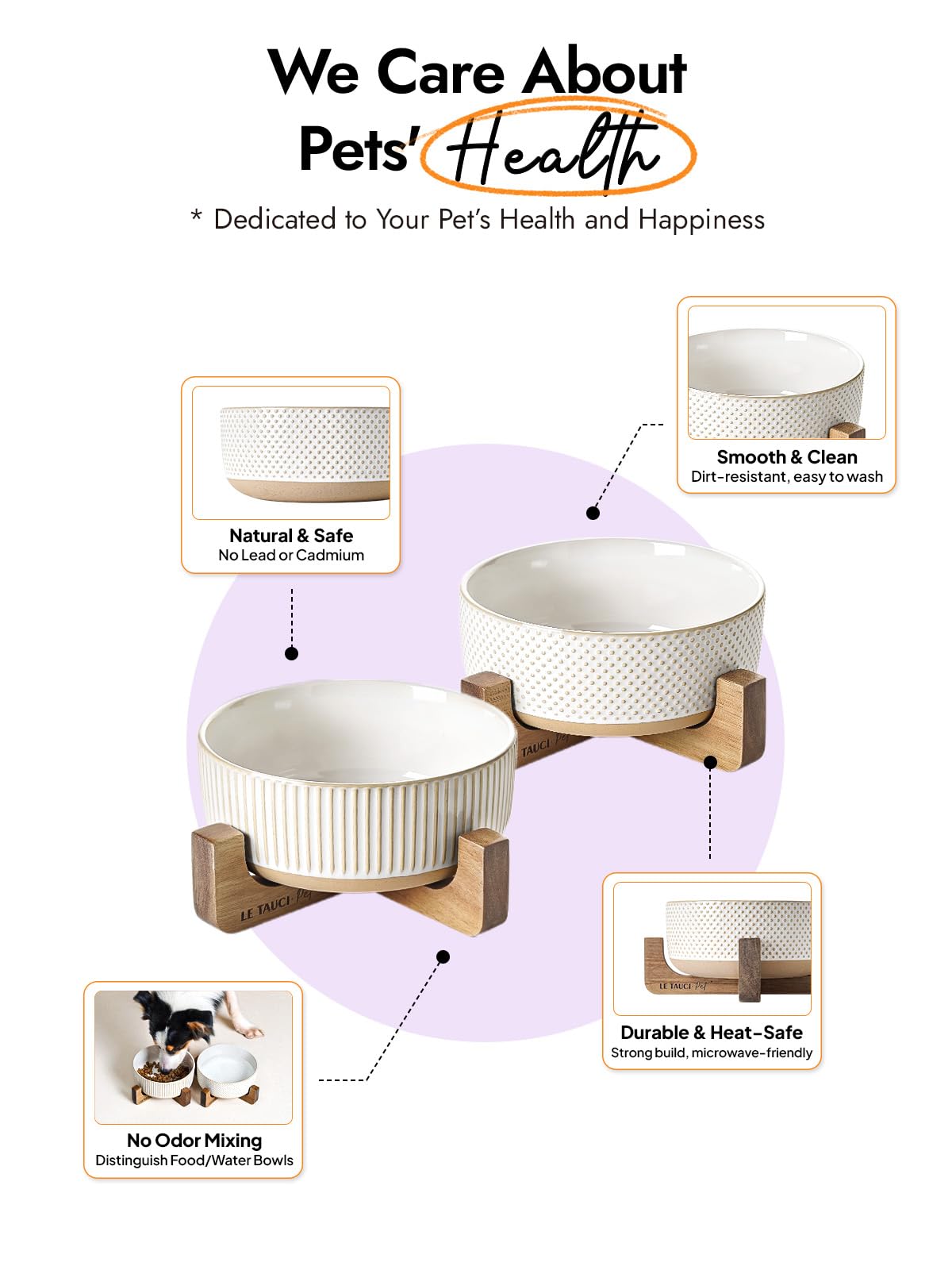 LE TAUCI PET ceramic bowl on wood stand, side angle shows stability.