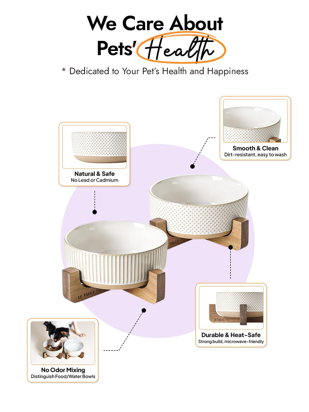 LE TAUCI PET ceramic bowl on wood stand, side angle shows stability.