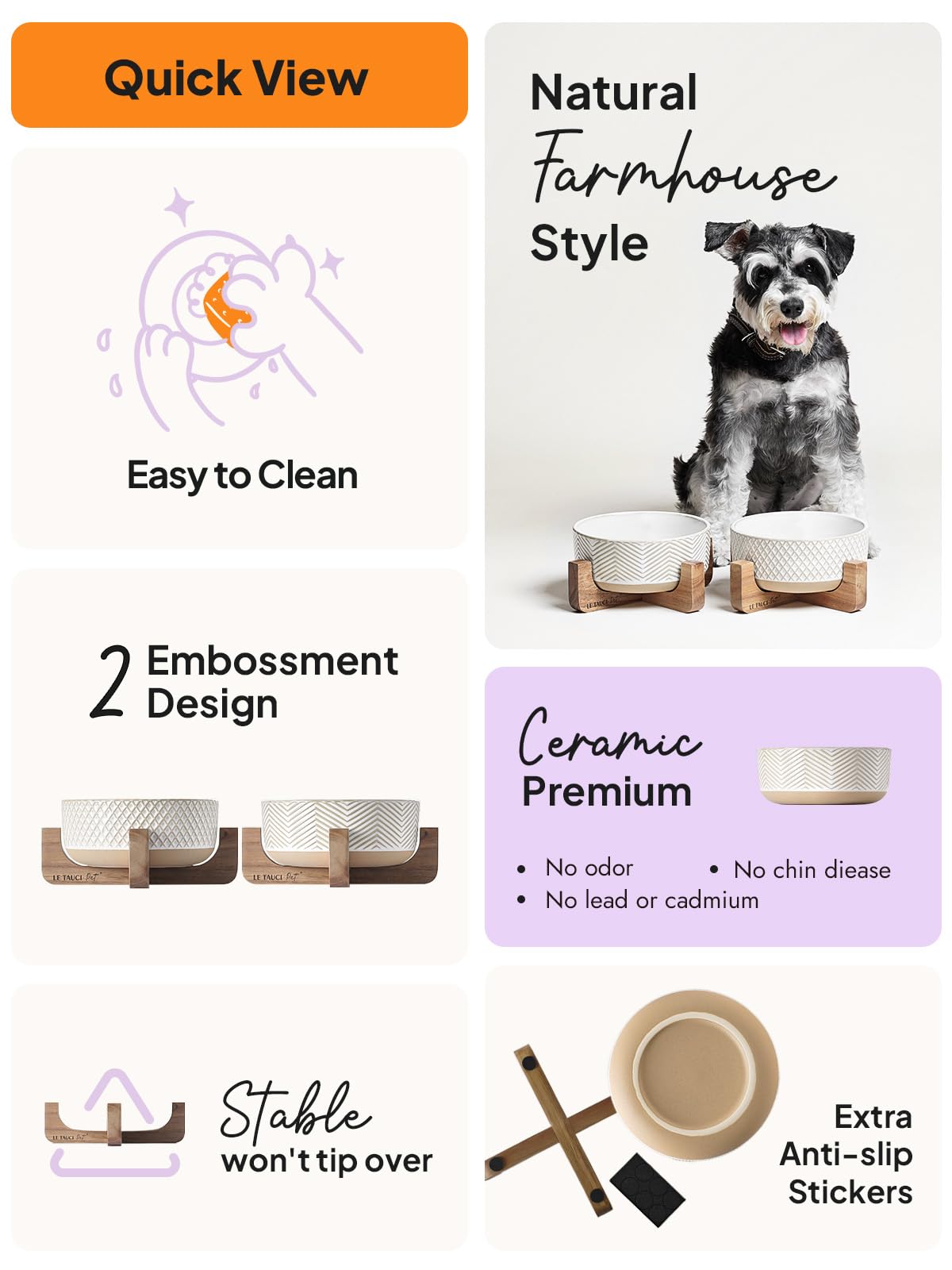 LE TAUCI PET wide-mouth bowls reduce neck strain during meals.