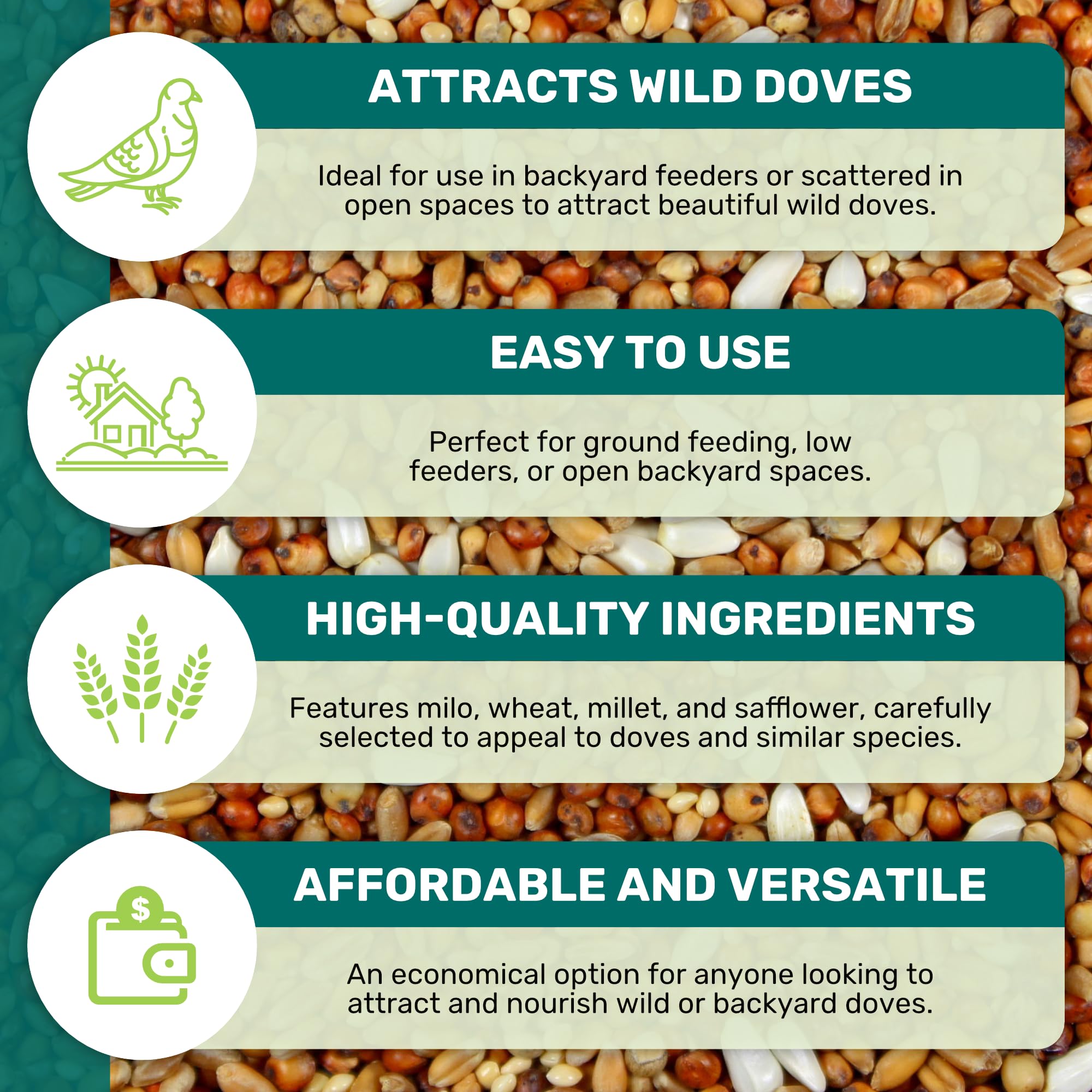 LEACH GRAIN & MILLING CO. Dove Mix packaging label—nut-free formula for safe bird feeding.