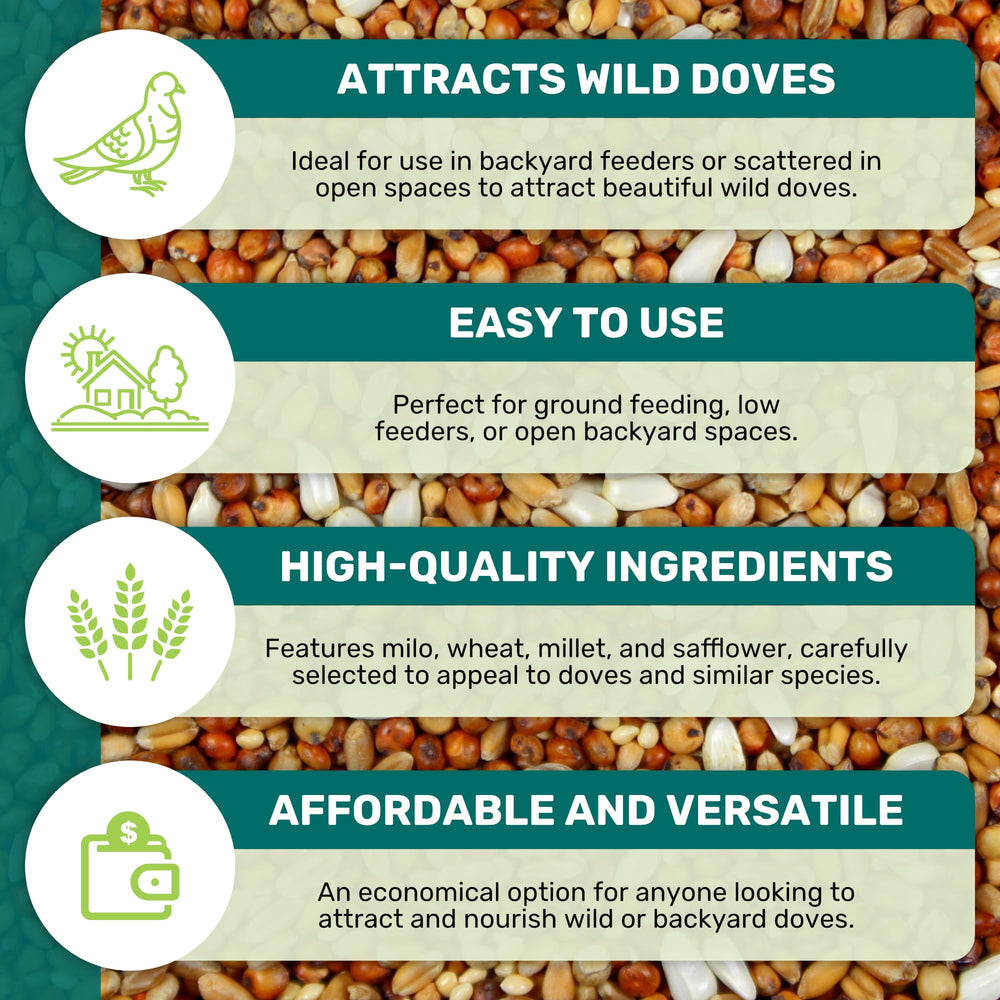 LEACH GRAIN & MILLING CO. Dove Mix packaging label—nut-free formula for safe bird feeding.