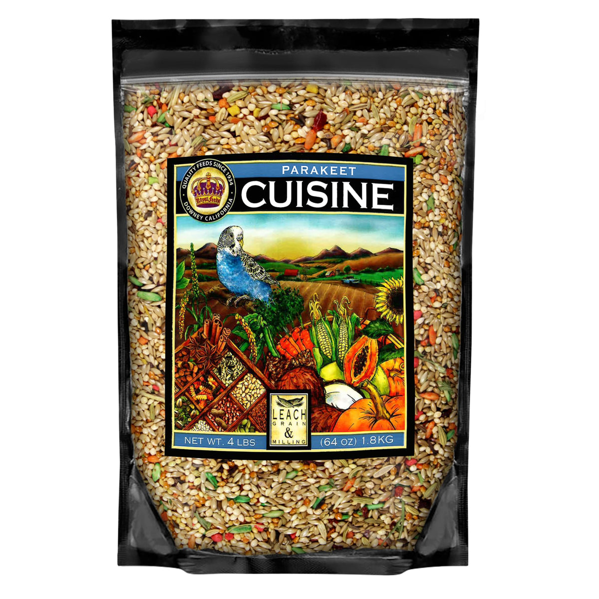 LEACH GRAIN & MILLING CO. Parakeet Cuisine seed-blend bag supports daily energy and nutrition.