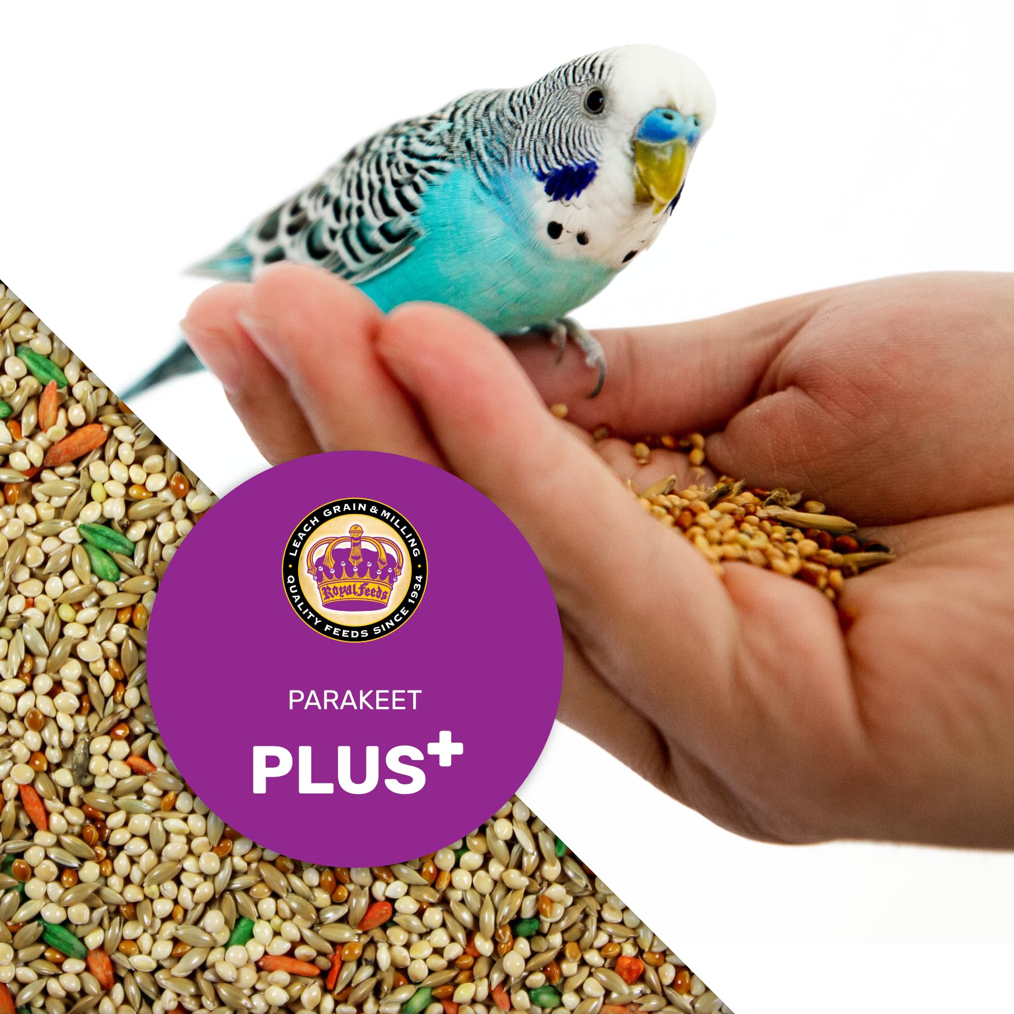 Nutrition label detail on LEACH Parakeet Food Plus bag