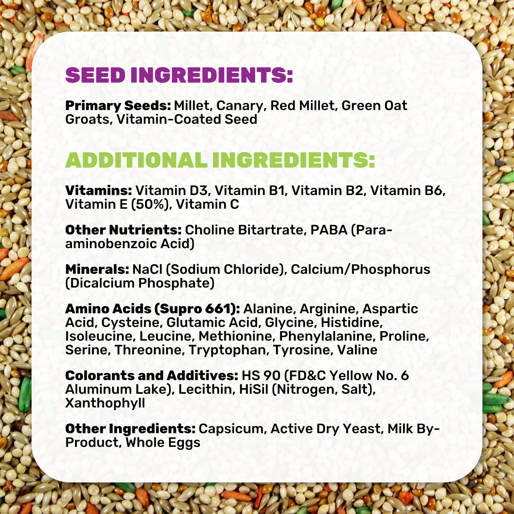 Bag label highlights vitamins and minerals in Parakeet Food Plus