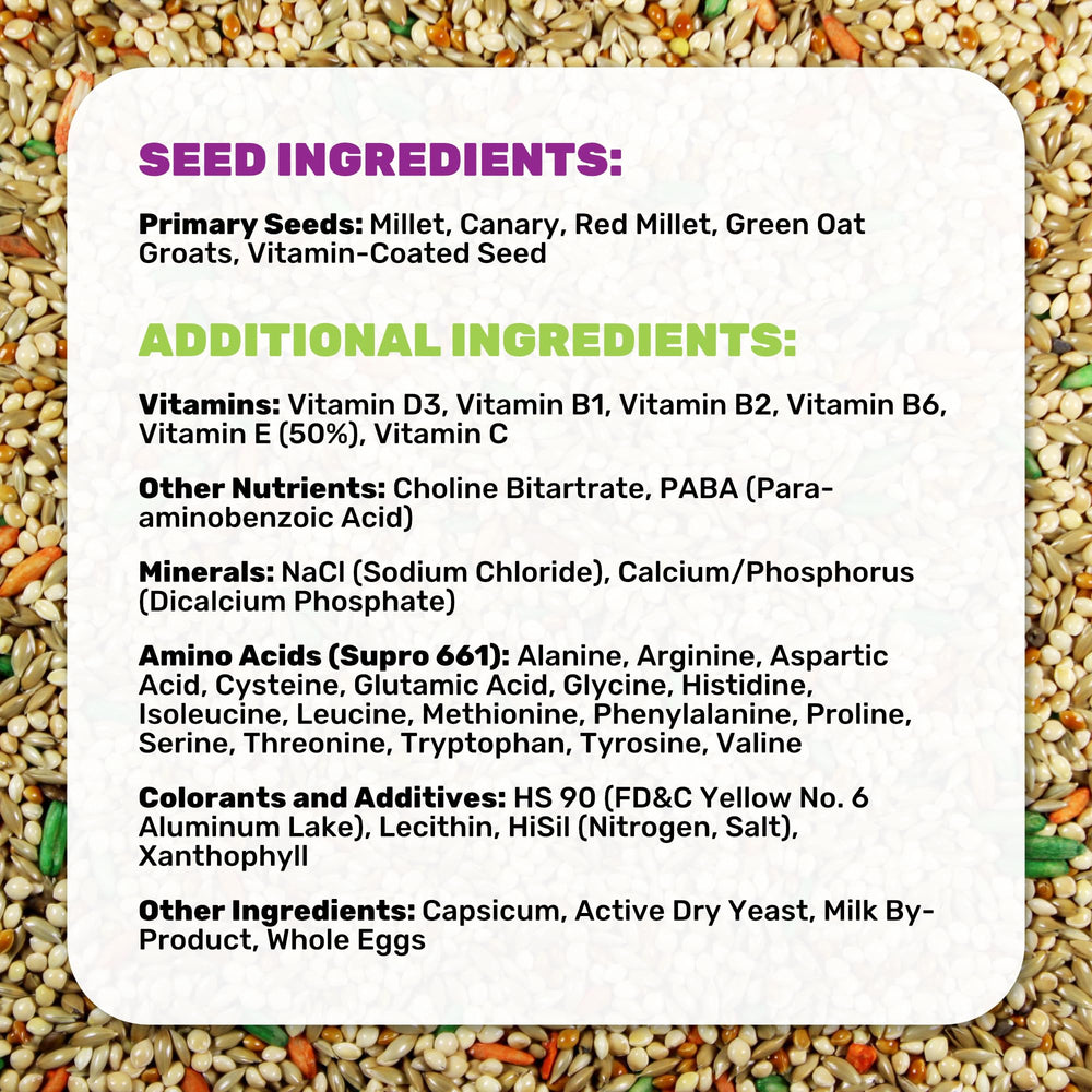 Bag label highlights vitamins and minerals in Parakeet Food Plus