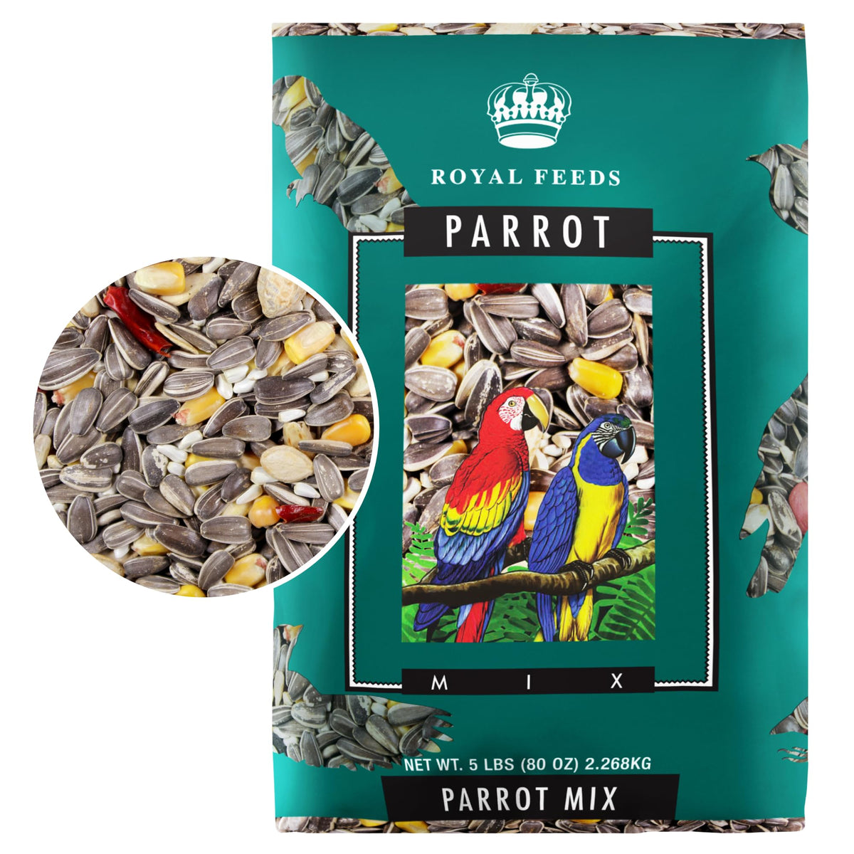 LEACH GRAIN AND MILLING CO Parrot Mix 5lb bag front, balanced nutrition for parrots.