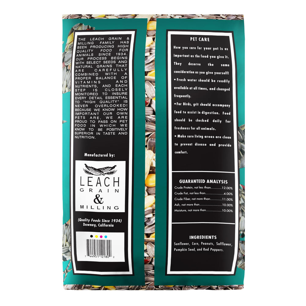 LEACH GRAIN AND MILLING CO Parrot Mix ingredients closeup, diverse seeds and fruits for variety.