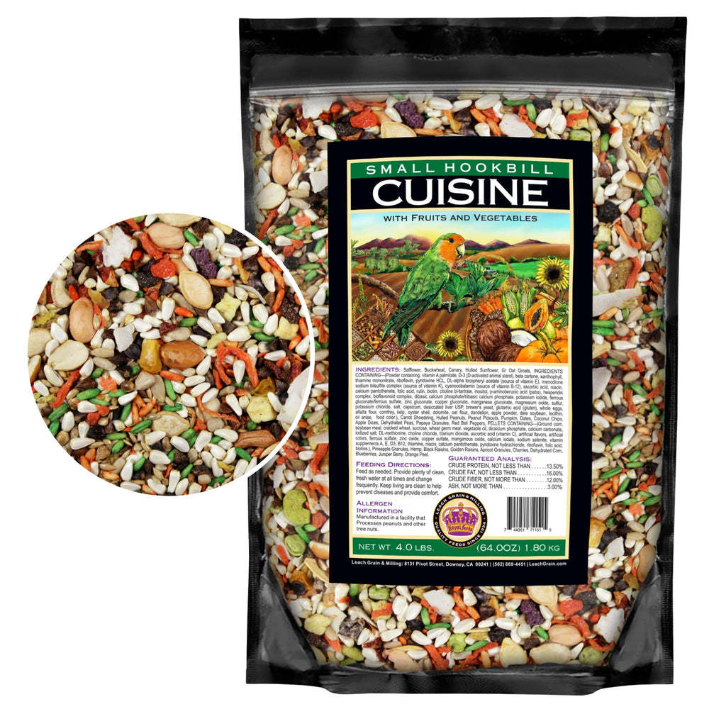 LEACH GRAIN & MILLING CO. Small Hookbill Cuisine ingredients close-up for balanced nutrition