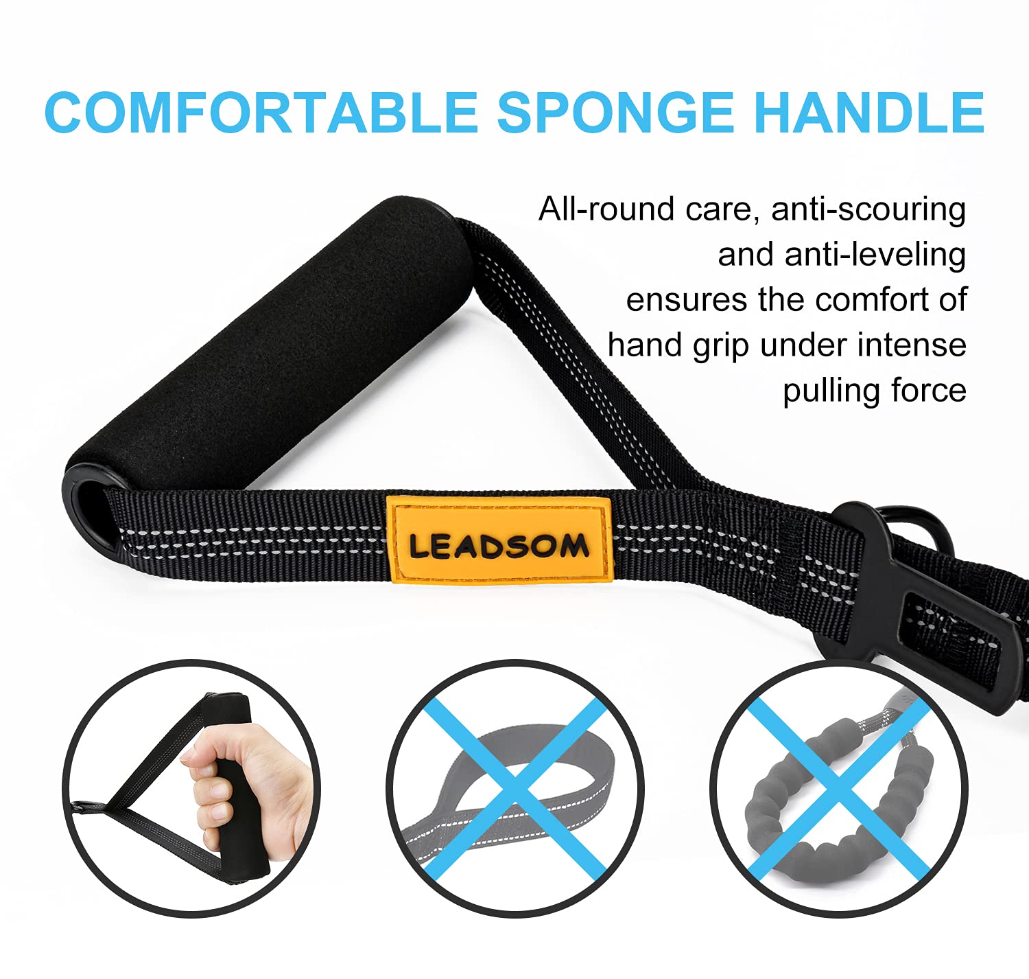 LEADSOM leash shows three reflective threads for safer night visibility.