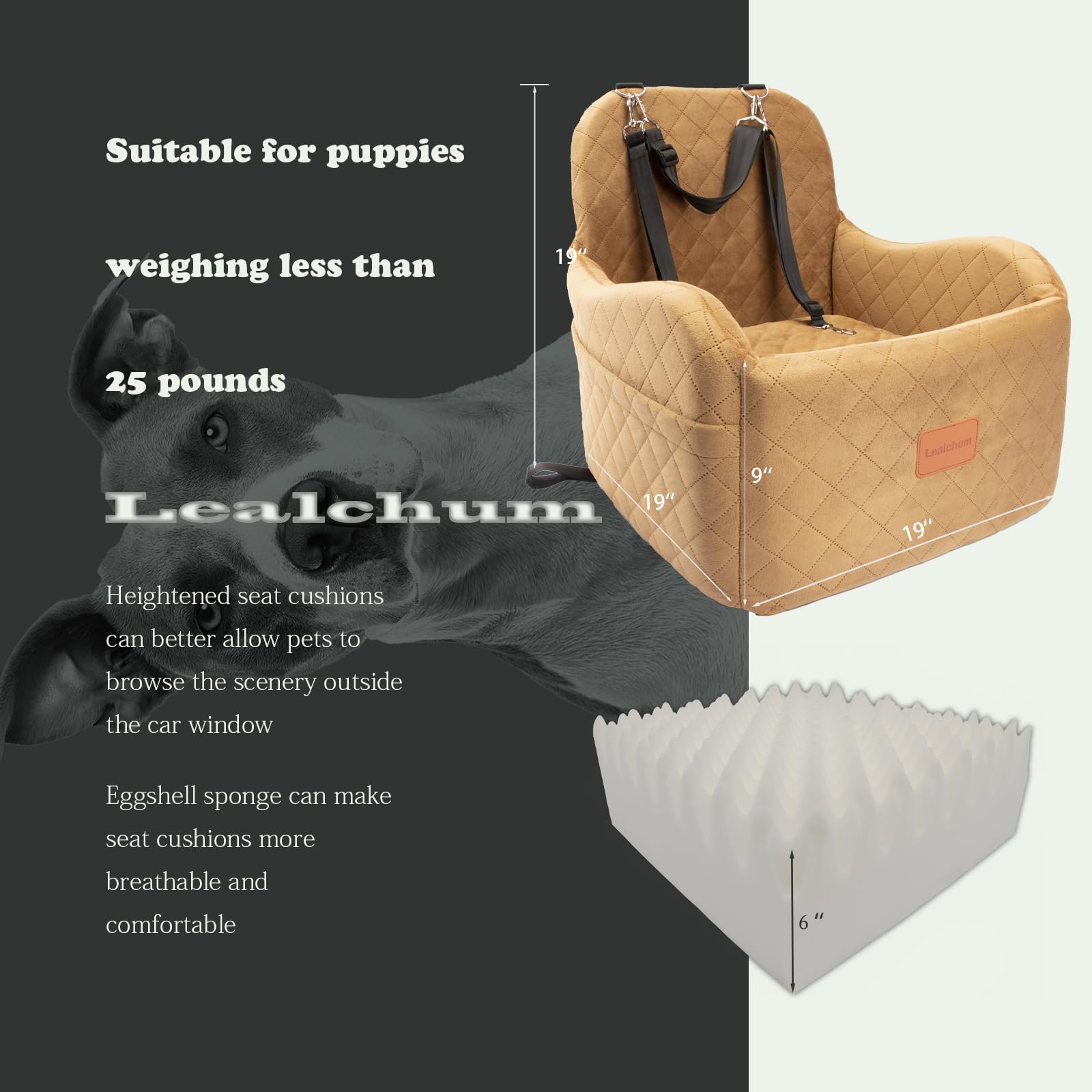 Lealchum booster seat in coffee, front angle showing compact footprint for small cars